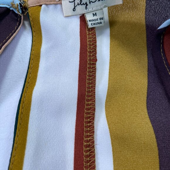 Lily White Earth Tone Vertical Striped Roll Tab Blouse Size Medium - Picture 4 of 6